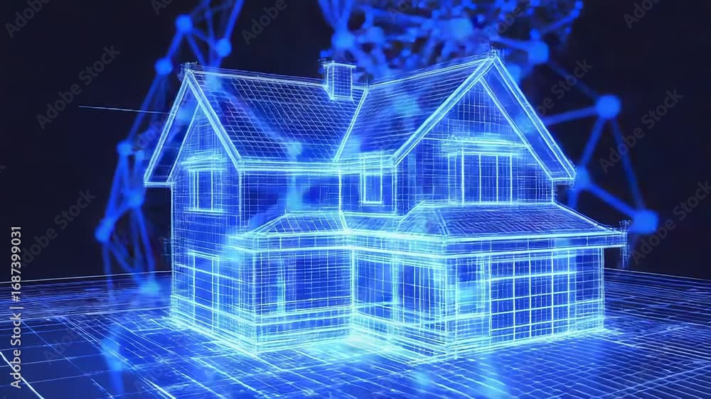 Poster Futuristic wireframe house model glowing on blueprint with abstract network background