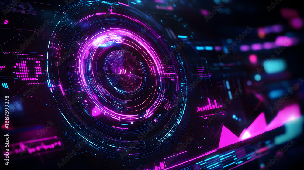 Poster futuristic technology interface with neon glowing elements and data visualization