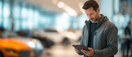 The man using a tablet in a modern car dealership environment