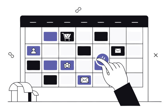 Hand interacting with a calendar grid featuring icons for shopping, people, and mail planning scheduling