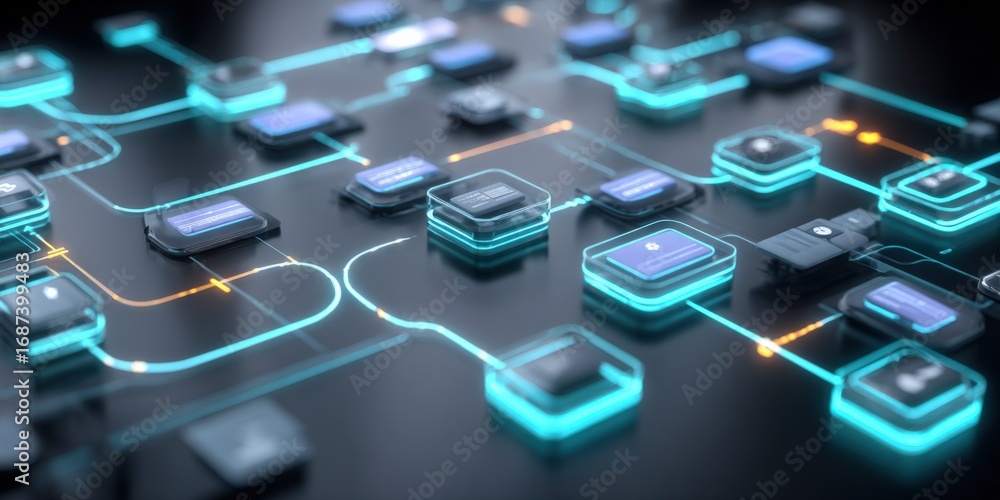 Poster abstract technology network background with glowing nodes and connections for data flow and communic