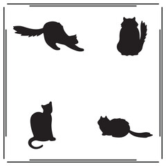 fluffy Cat Silhouettes Set - Black Icons of Cute Cats in Various Poses - Vector Illustration for Pet Lovers, Animals, and Education