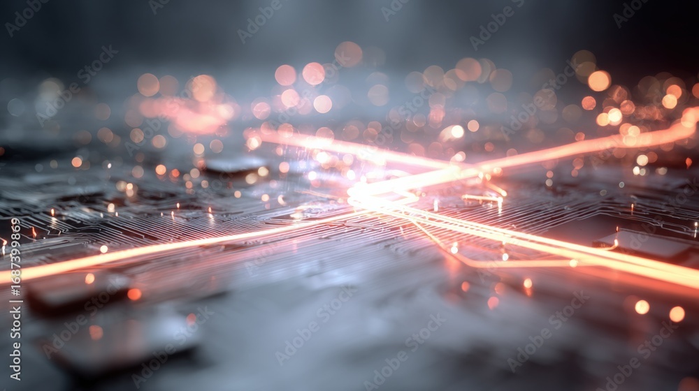Poster futuristic circuit board with glowing connections represents high tech data transfer and processing