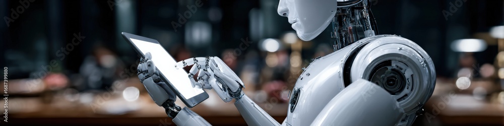Poster futuristic humanoid robot utilizing digital tablet for advanced communication and artificial intelli