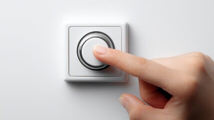Dimmer switch control with finger adjusting light level on white wall, energy saving and modern design