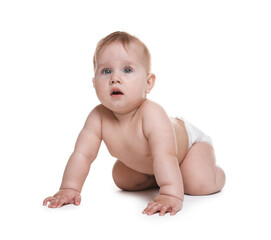 Cute little baby in diaper on white background