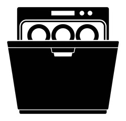 Black and white icon of a dishwasher with dishes inside