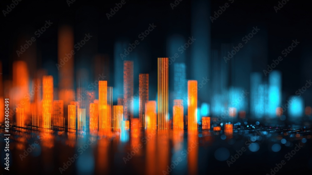 Poster abstract futuristic data visualization with glowing bars in orange and blue, perfect for technology 