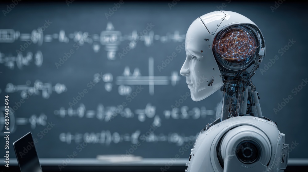 Poster advanced learning: robot head with exposed circuitry and complex mathematical equations on a chalkbo