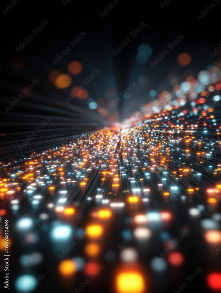 Poster abstract network data stream visualization with glowing particles, perfect for technology and scienc