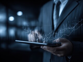 Executive Analyzing Financial Data on a Tablet with Stock Market Graph Overlay in a Dark Office