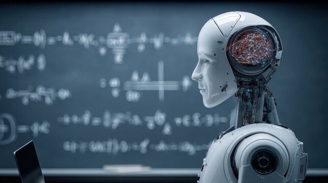 Advanced Learning: Robot Head with Exposed Circuitry and Complex Mathematical Equations on a Chalkboard - Powered by Adobe