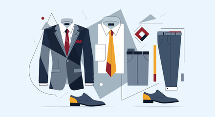 Stylish Suits and Accessories, Modern Workspace, Illustration, Creative Design, Flat Lay, Professionalism