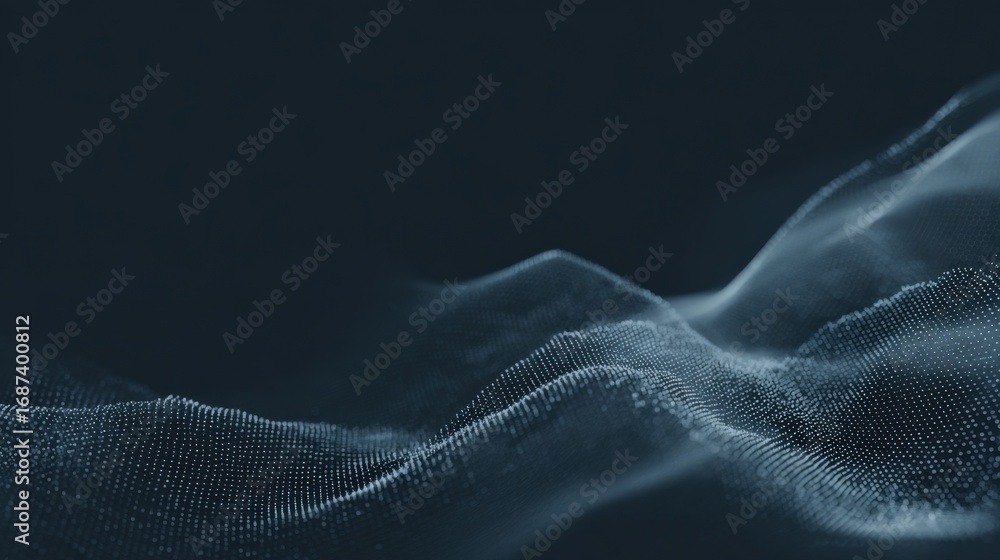 Poster abstract dark background with glowing dots forming wavy pattern, ideal for technology and design pro