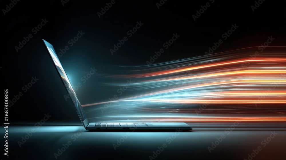 Poster laptop speed effect with motion blur trails, representing high-speed internet and advanced computing