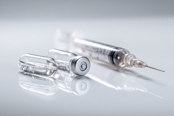Medical Injection Vial and Syringe Ready for Vaccination or Treatment on a White Surface