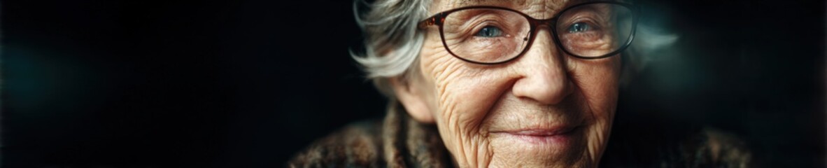 Portrait of a Smiling Elderly Woman with Glasses on Dark Background