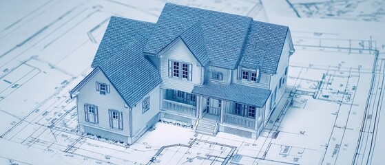 Detailed blueprint of a modern two-story suburban house with multiple roofs and large , overlaid with architectural plans and technical drawings