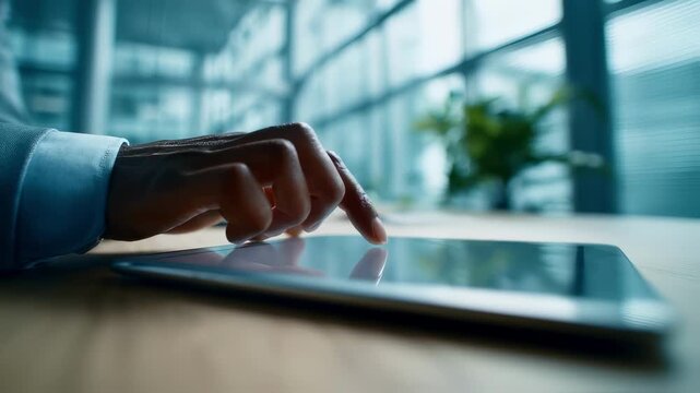 Medium shot of a compliance analyst scrolling through sponsor placement guidelines on a tablet fingers in focus with blurred conference room setting.