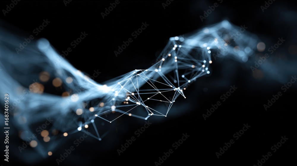 Poster abstract network connection with nodes and lines, representing data flow and connectivity on dark ba