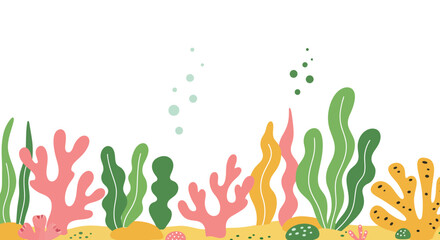 Obraz premium Colorful underwater plants and coral reef illustration with bubbles background