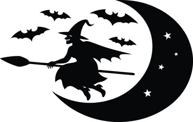 Vintage Witch on Broom - Retro Halloween Vector Art