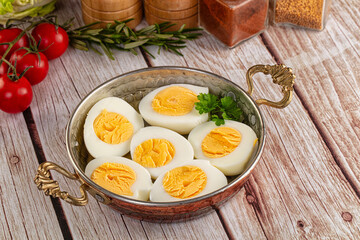 Boiled chicken eggs with bright yolk