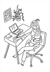 Mother working from home with a child on her lap at a desk with a laptop and plant. Concept shows multitasking, work-life balance and remote working lifestyle