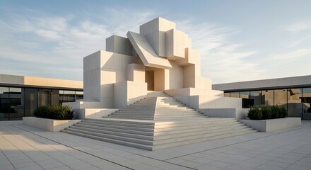 A modern building with geometric shapes and stairs leading to the entrance under a sky