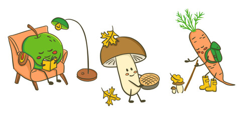 Cute autumn characters including a reading apple, a mushroom with pie and a hiking carrot with boots. Concept reflects cozy fall vibes, seasonal fun and whimsical vegetable illustration