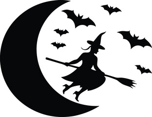 Minimalist Witch Broom Ride - Clean Outline Vector Illustration