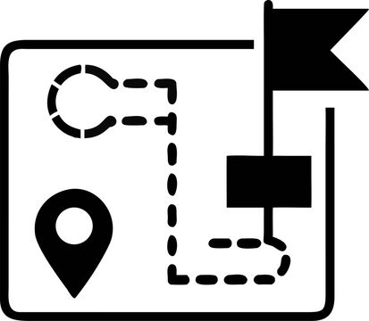 Route Planning Black and White Vector Illustration Depicting Navigation to Destination, Using Map, Location, and Flag Symbols