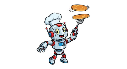 Cheerful Robot Chef Flipping Pancakes with Spatula.