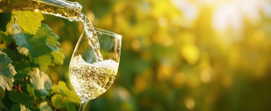 The glass filled with sparkling white wine in a sunlit vineyard scene.