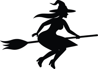 Witch Riding Broom Silhouette Vector - Halloween Night Flight Illustration