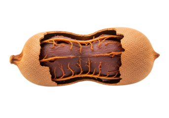 A close-up view of a split tamarind seed pod, showcasing the intricate details of its inner structure and textured exterior.