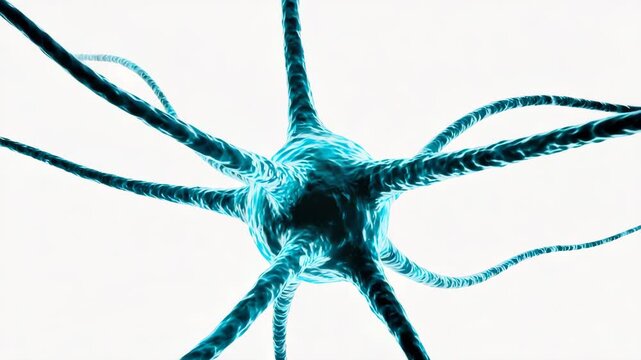 Animated 3D render of a single blue neuron cell on a white background. Visualization of brain activity, neural networks, and nervous system communication
