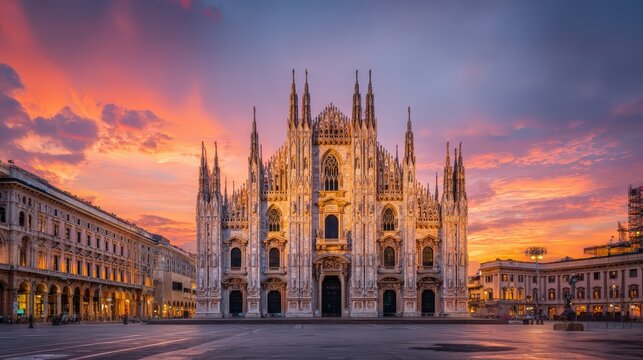 Stunning view of Milan Cathedral or Duomo di Milano du sunset with vibrant colorful sky and intricate Gothic architecture
