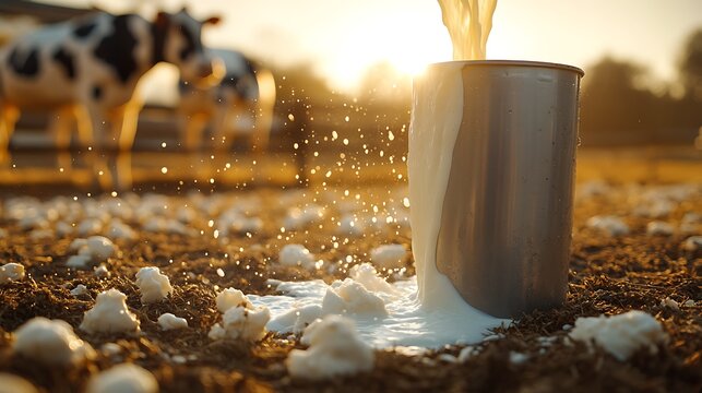 Milk overflow with cow farm, sunset, and rural.