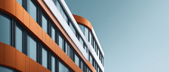 Modern multi-story building with curved architectural design, glass , and orange accents on a clear blue sky background