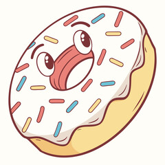 Cute cartoon donut with white frosting and colorful sprinkles showing a happy surprised expression