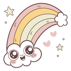 Cute kawaii rainbow with smiling cloud and stars for childrens designs