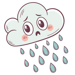 Cute sad cloud raining droplets with blushing cheeks and big eyes