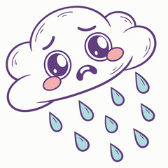 Cute sad cloud crying raindrops cartoon character with big eyes and blush