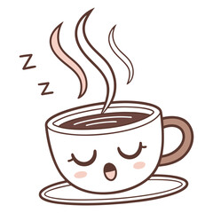 Cute sleepy coffee cup with steam and zzz symbols on white background