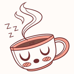 Cute sleepy coffee cup with steam and zzz symbols representing sleep and relaxation