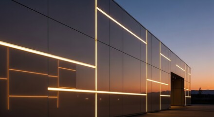 Illuminated building exterior with geometric light design at dusk reflecting sunset