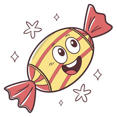 Happy cartoon candy character with a cheerful expression and sparkling effects