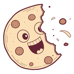 Happy cartoon cookie with a bite taken out and crumbs flying away