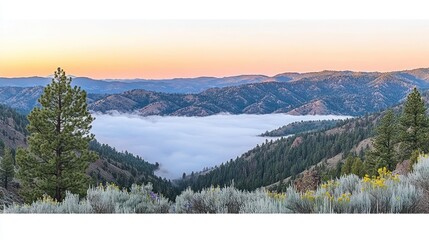 Panoramic Mountain Vista with Fog Shrouded Valley at Sunrise offering a majestic natural scenery